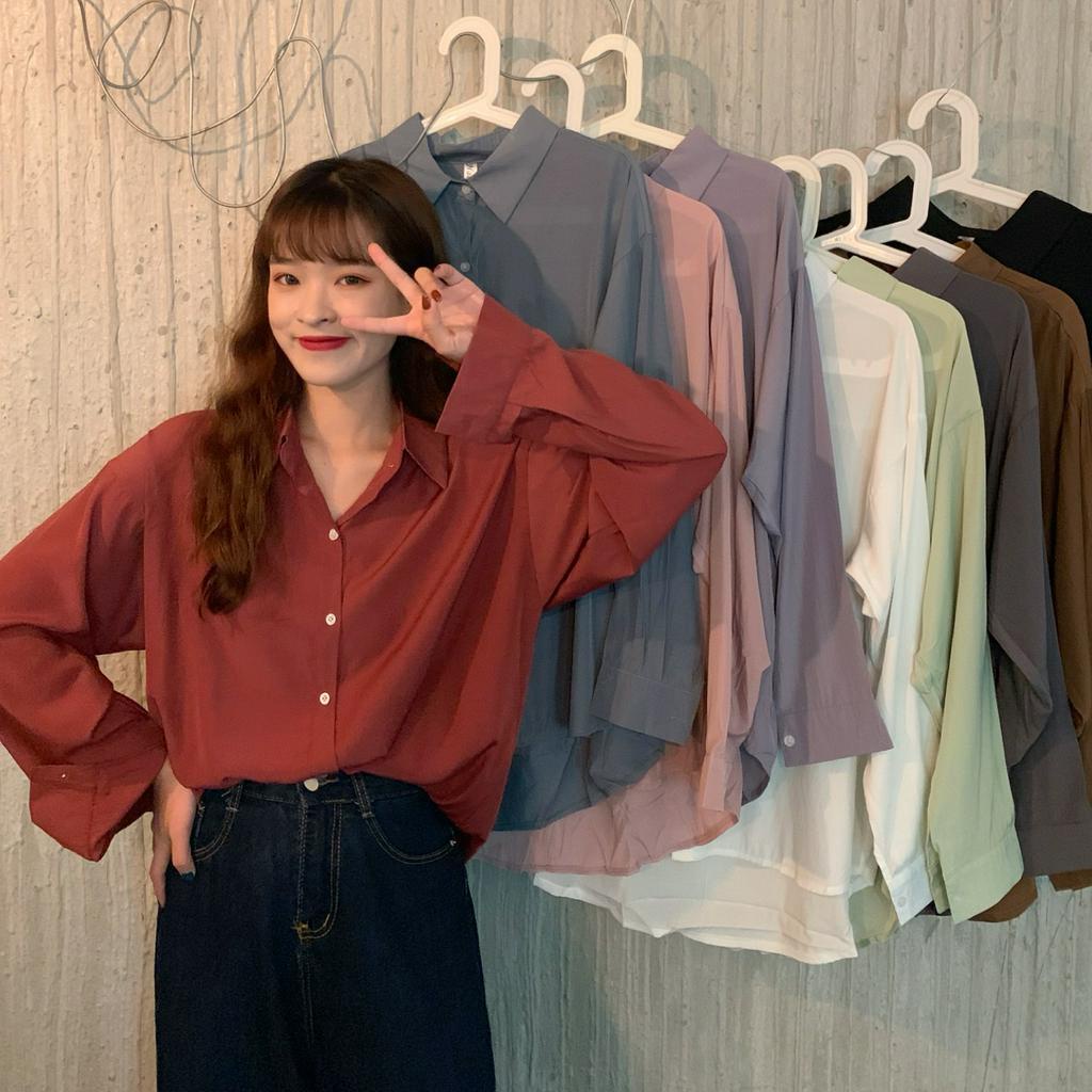 Áo Sơ Mi Nữ Dài Tay Cổ Bẻ Form Rộng Thời Trang Hàn