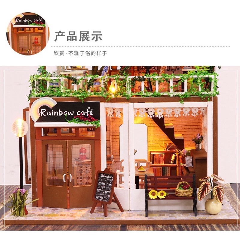 (Tặng mica,keo sữa,đèn)Nhà búp bê bé tự lắp ráp đô chơi Mô hình gỗ diy doll house tiệm cafe M906