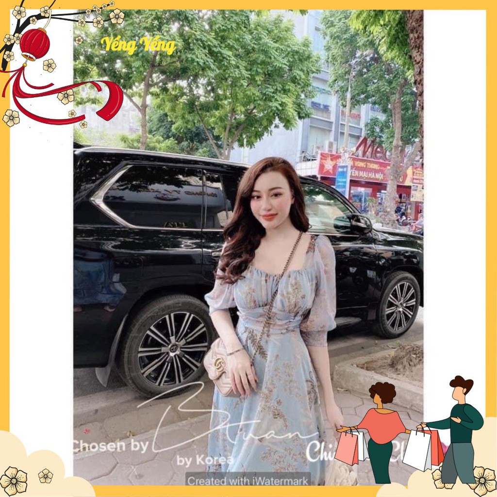 VNU285 - VÁY HOA XANH DƯƠNG CHUN NGỰC DÚM EO