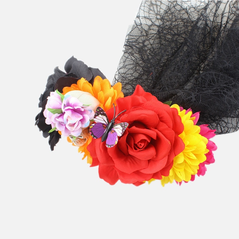 Băng Đô Cài Tóc Màu Đen Đính Mạng Che Mặt Đầu Lâu Hoa Cho Nữ