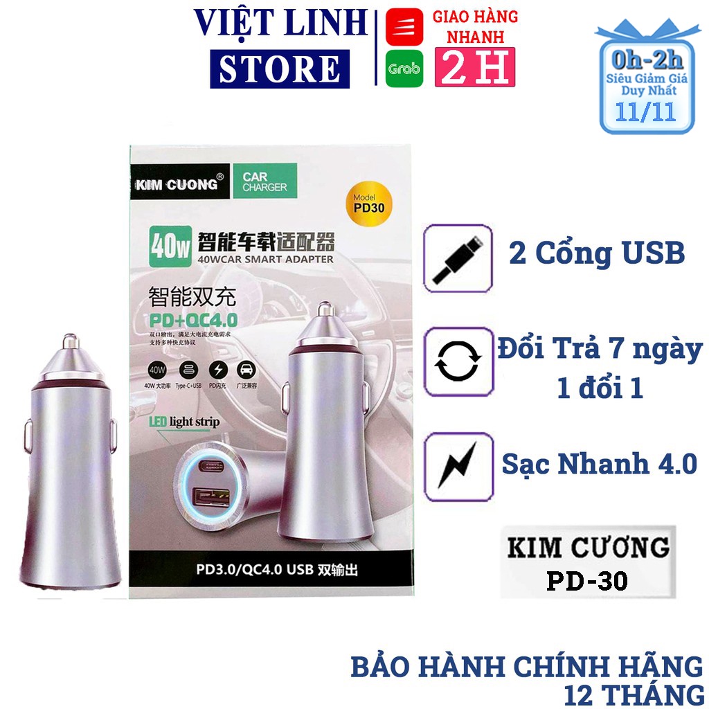 Tẩu sạc nhanh ô tô kim cương đầu type-C, USB - PD30 quick charge 4.0 - Việt Linh store