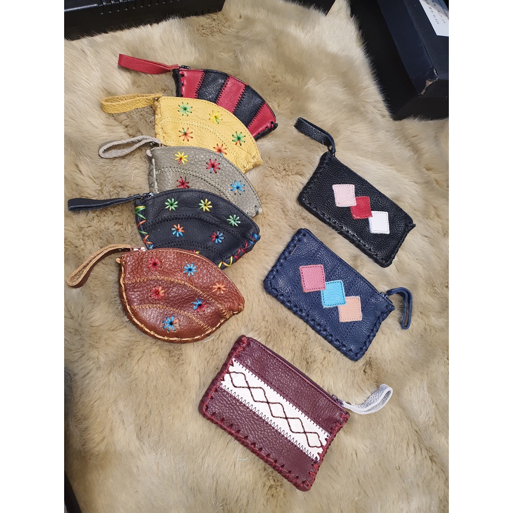 Ví đựng tiền mini da thêu hoa vintage handmade 10cm
