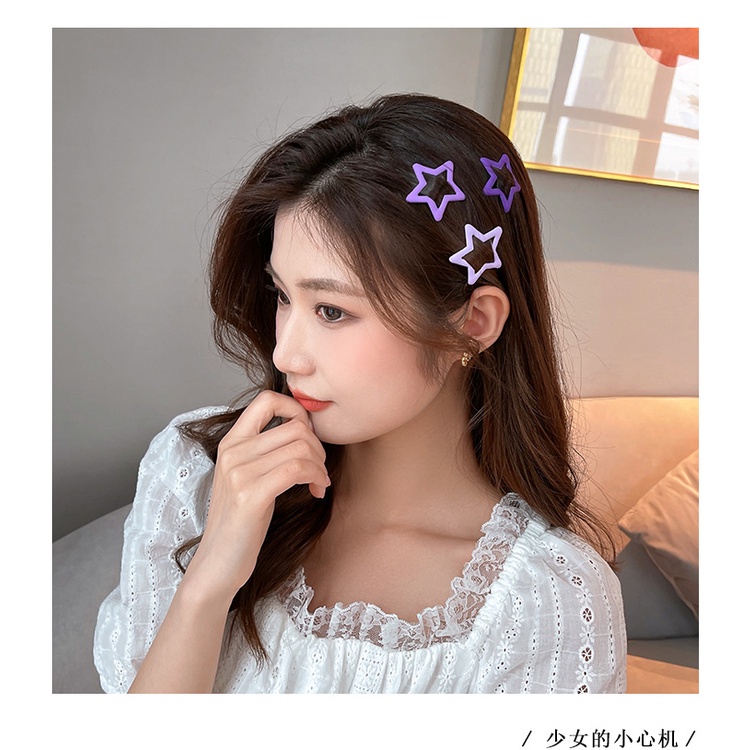 Bộ Ba Kẹp Tóc Dáng Dài BB Màu Xanh Dương Hình Hoa/Ngôi Sao/Trái Tim Đơn Giản Dễ Phối Đồ