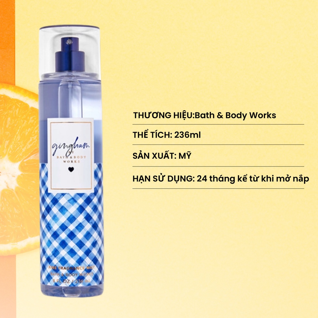Xịt Thơm Body Bath And Body Works Gingham Khử Mùi Lưu Hương Thanh Mát Mùi Cỏ Hoa Thanh Khiết Dịu Dàng Chai 236ml