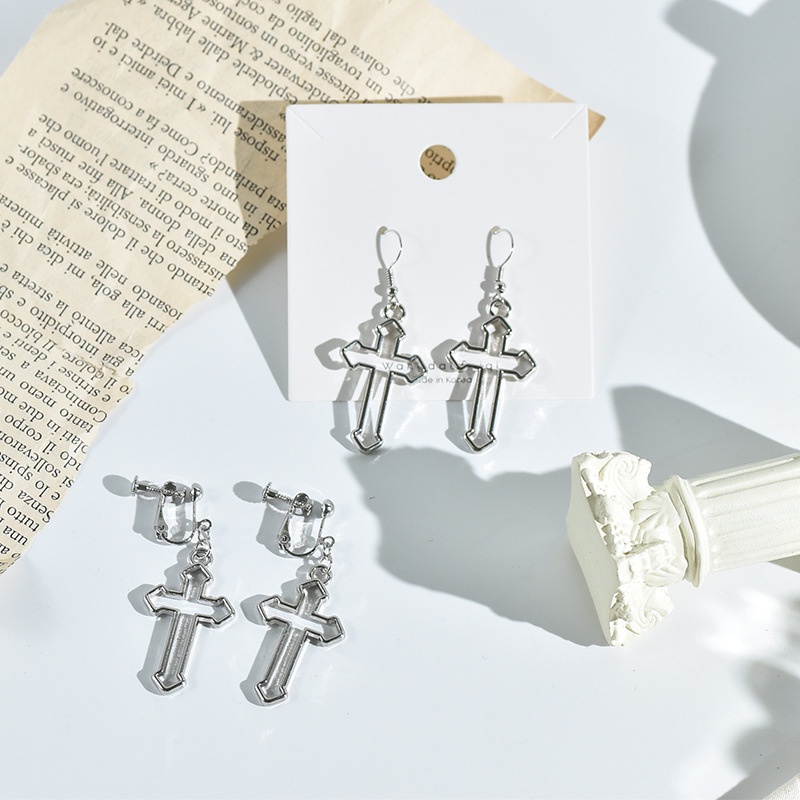 Khuyên tai kẹp không bấm lỗ chốt điều chỉnh K237 bằng hợp kim mạ bạc hình chữ thập dáng midi Leous Accessories