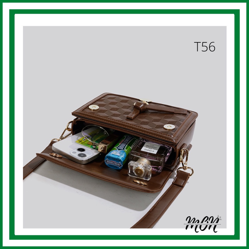 🌸sẵn🌸 Túi xách da nâu đeo chéo, đeo vai nữ CEEKAY chính hãng họa tiết kẻ sọc dập chìm - T56