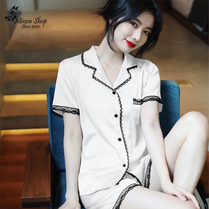 Bộ pijama lụa cao cấp, bộ đồ CỘC TAY QUẦN ĐÙI MÁT MẺ nữ tính phong cách Hàn Quốc Mã PE