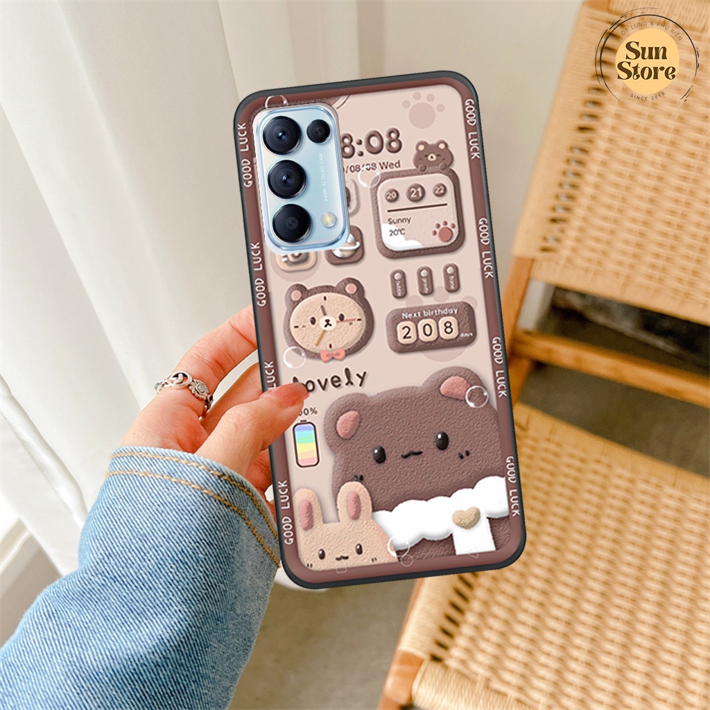 Ốp lưng Oppo Reno 5 - Reno 4 hoạ tiết 3D nền kẻ caro, gấu đáng yêu viền dẻo