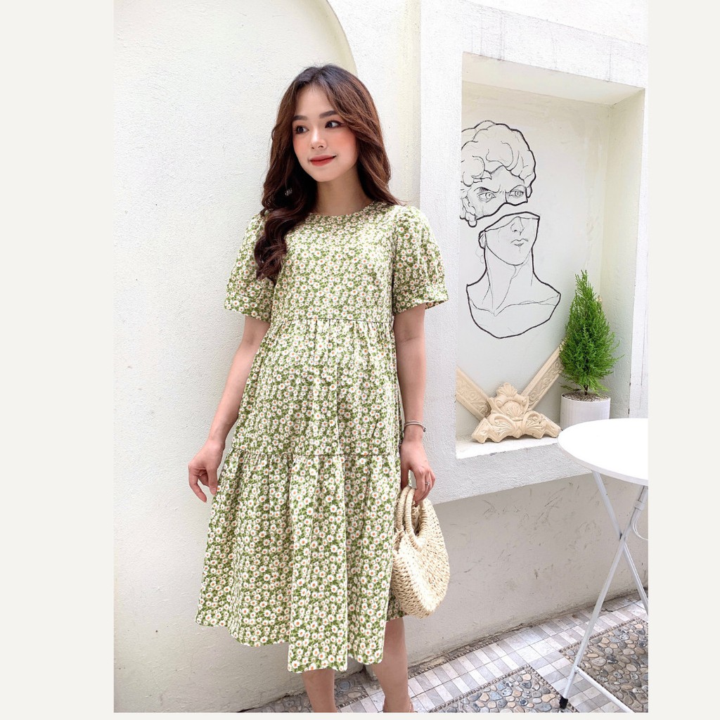 Váy Bầu Hạ Mát Xuyến Chi Chất Liệu Lụa Kaki Giấu Bụng
