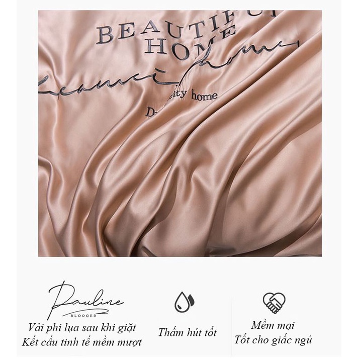 Bộ chăn ga gối phi lụa M2T BEDDING phong cách Hàn Quốc Luxury thêu chữ BeautifulHome sang trọng đủ kích thước và màu sắc