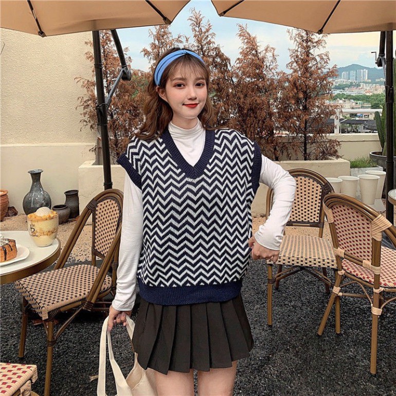 Áo Len Gile Nữ Thời Trang, Áo Gile Len Sóng FreeSize Màu Xanh Tím Than Ulzzang Hàng Quảng Châu