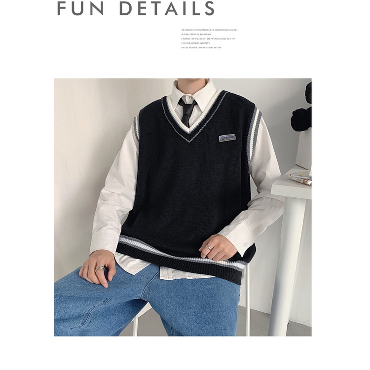 Áo sweater nam len cổ V không tay form rộng thời trang học sinh hàn quốc áo len mặc ngoài dáng unisex đi học đi chơi | BigBuy360 - bigbuy360.vn