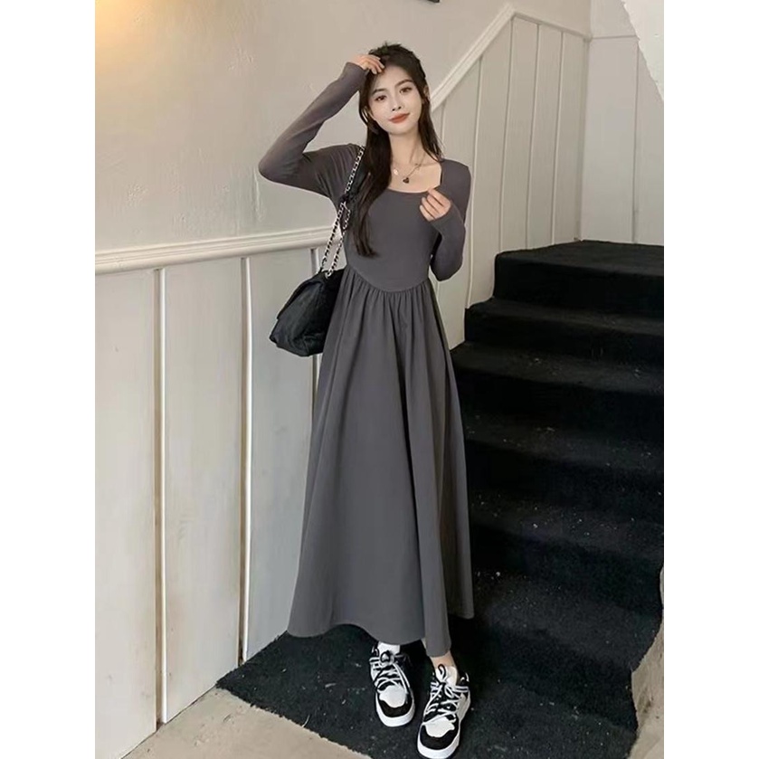 Đầm Chữ A Tay Dài Cổ Vuông Eo Cao Màu Đen Phong Cách Pháp Thời Trang Mùa Thu Xinh Xắn Cho Nữ