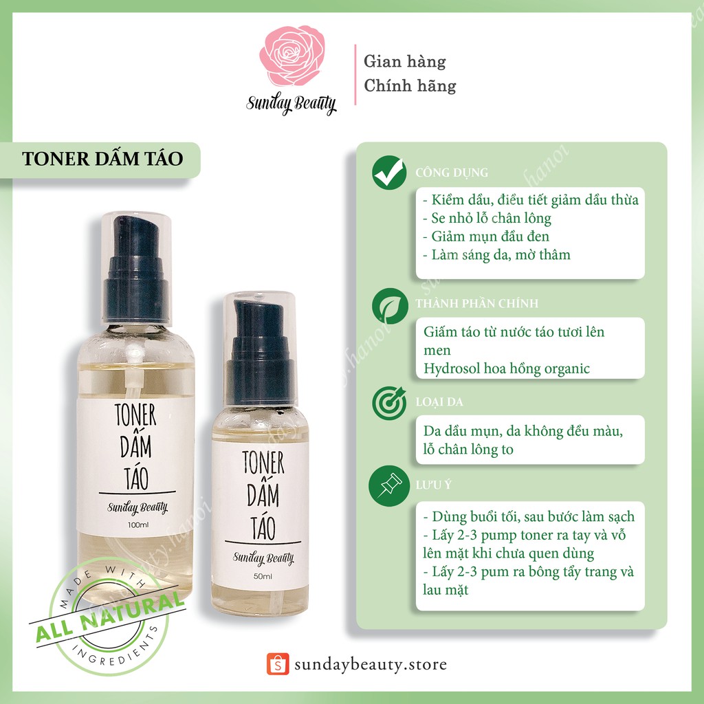 Combo toner hoa hồng + toner dấm táo cho da dầu mụn handmade Sunday Beauty