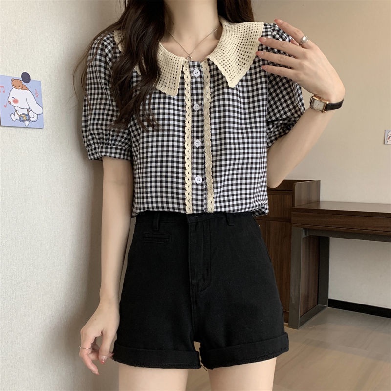 Áo Sơ Mi Tay Ngắn Dáng Rộng Cổ Búp Bê Kẻ Sọc Ca Rô Thiết Kế Mới Thời Trang Mùa Hè Cho Nữ