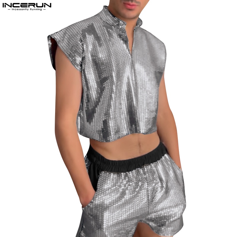 INCERUN Bộ Đồ Đi Biển 2 Mảnh Gồm Áo Ba Lỗ Đính Kim Sa + Quần Short Phong Cách Punk Gothic Thời Trang Cho Nam