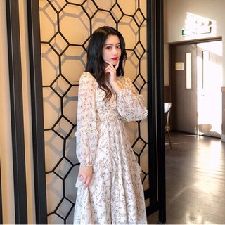 Đầm Maxi đi biển hoa văn bo eo