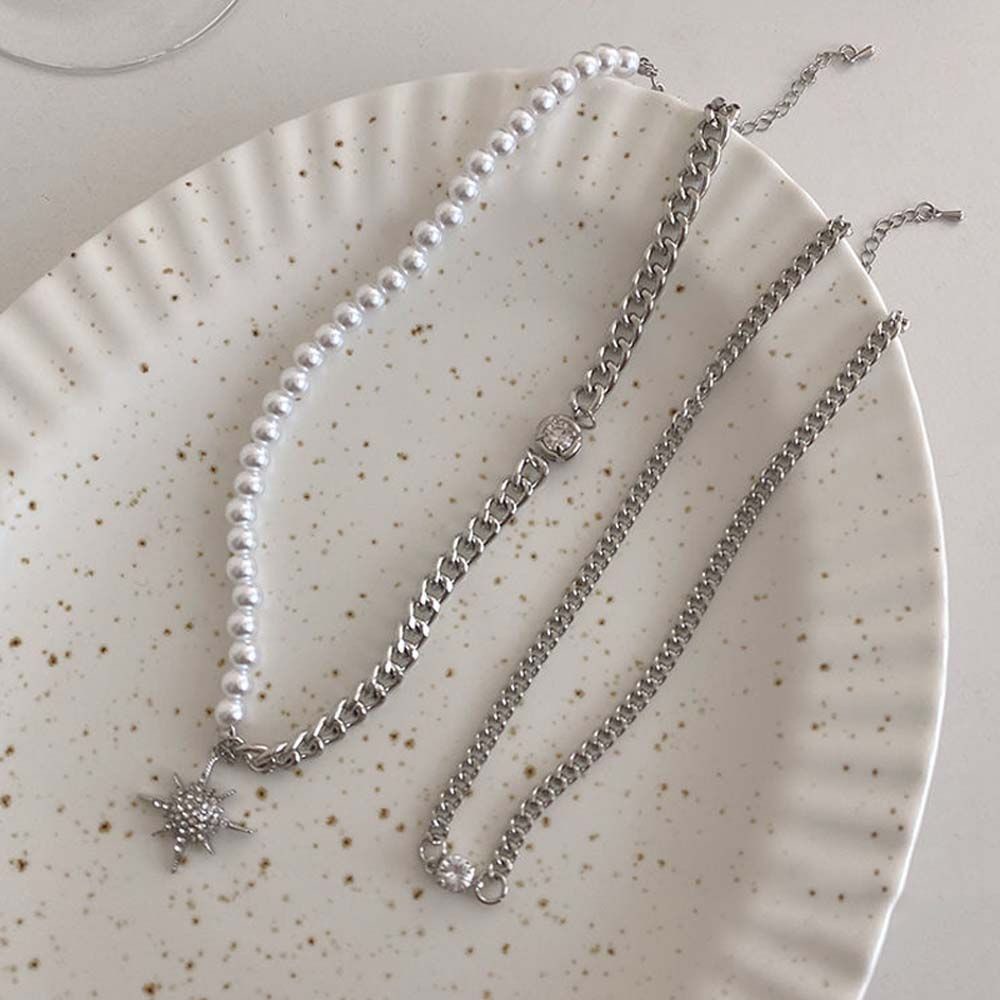 Vòng cổ choker hai lớp đính hạt ngọc trai hình ngôi sao phong cách Hàn Quốc cho nữ