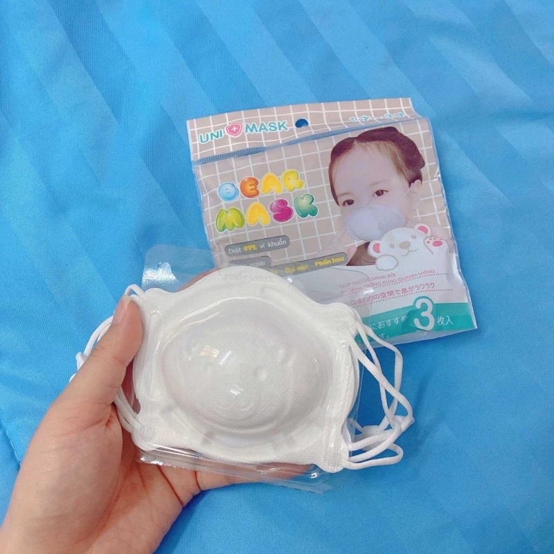 Khẩu trang gấu cho bé Unimask 3D kháng khuẩn set 3 kt dây buộc cho trẻ sơ sinh đến 1 2 3 tuổi - 2X MART