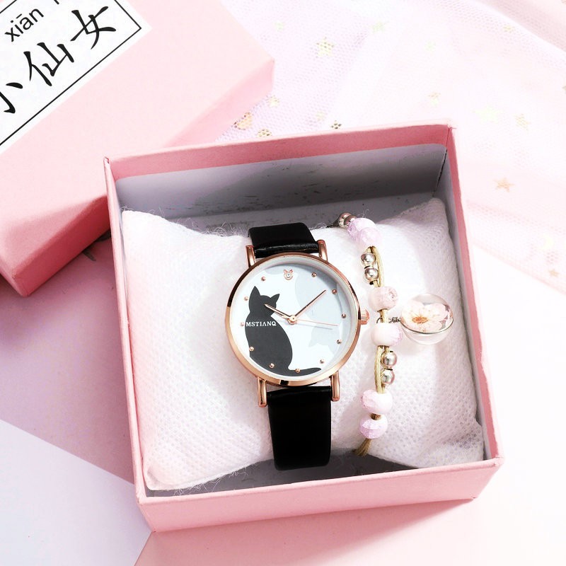 Đồng hồ nữ dây da, đồng hồ đeo tay nữ sinh hình mèo xinh xắn, mặt tròn phong cách trẻ trung, thời trang giá rẻ