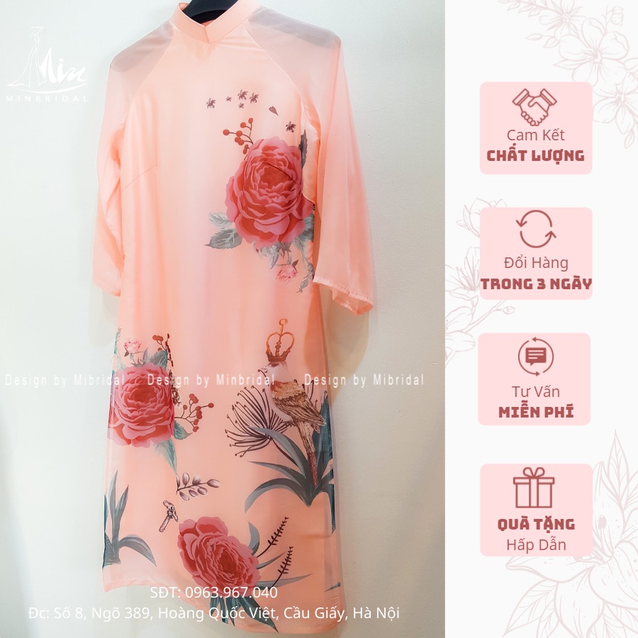 Áo dài các tân dáng xuông 4 tà chất liệu voan tơ óng in hoa văn, màu vàng | BigBuy360 - bigbuy360.vn