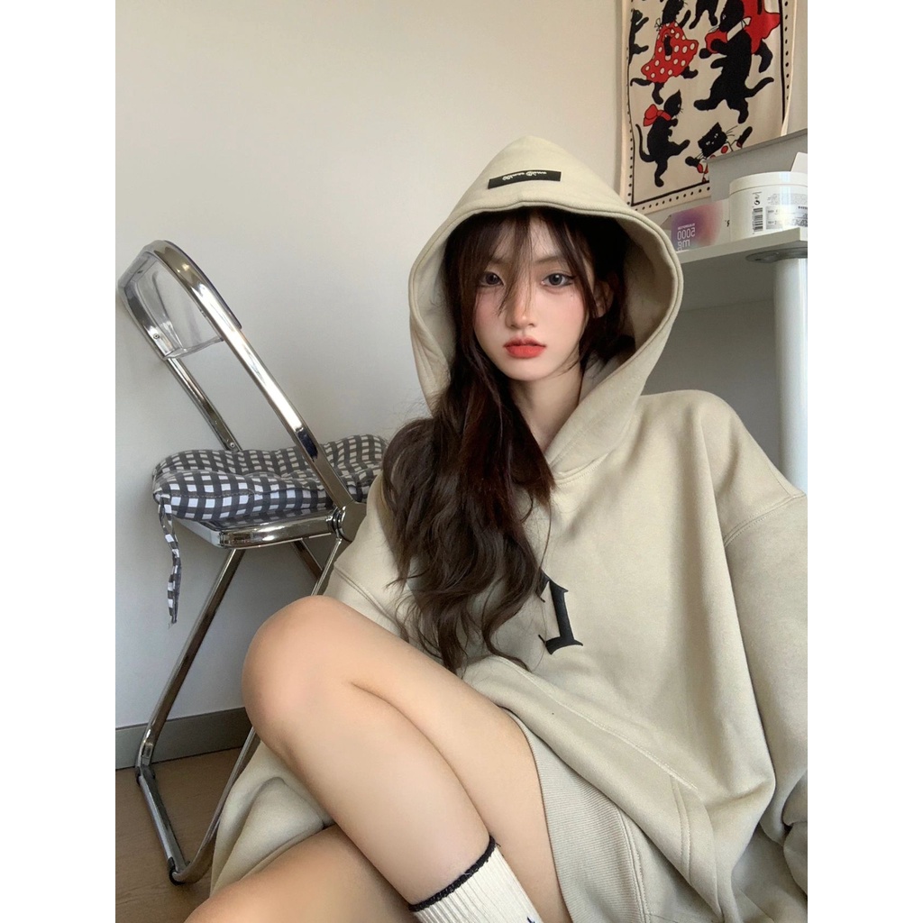 Áo Hoodie Dài Tay Dáng Rộng Thời Trang Mùa Đông Phong Cách Retro Mỹ Dành Cho Nữ