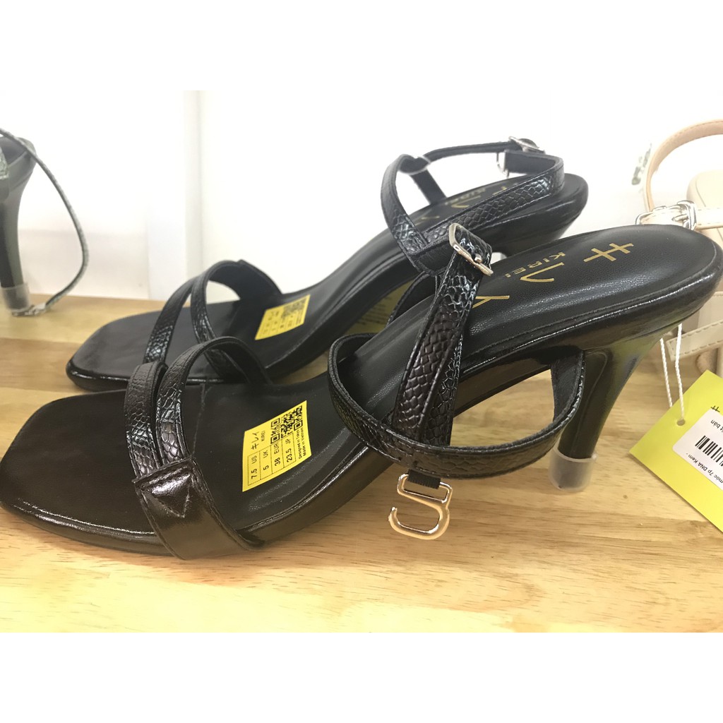 Giày sandal Kirei - Cao gót nhọn 7p mũi ngang quai rắn DNA Đen