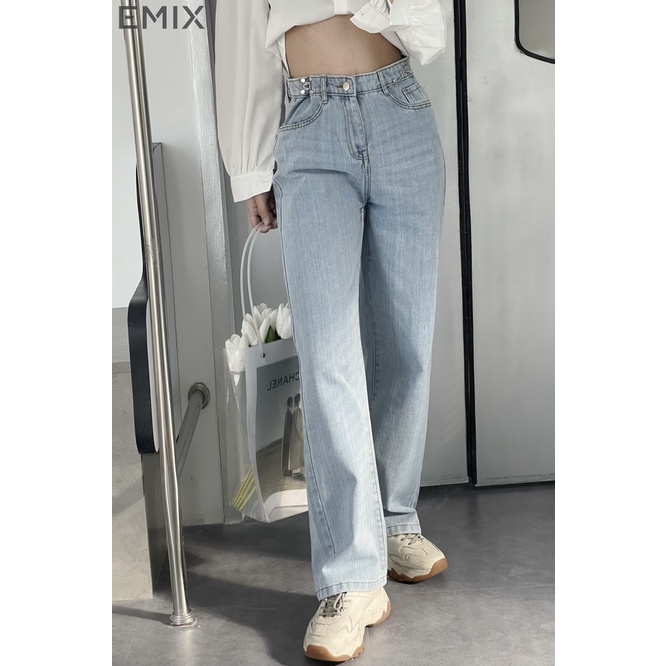 Quần jeans nữ cạp cao EMIX, quần ống suông dáng dài, khóa móc cài, có túi, ống vừa, ít giãn Jeanmoccai