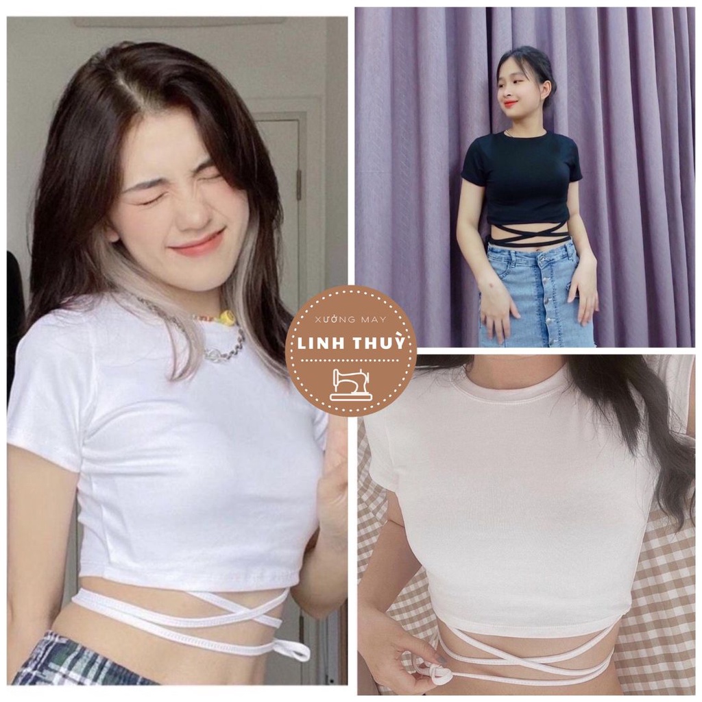 Áo croptop nữ buộc dây dáng ôm body đẹp - Thun kiểu form ngắn cổ tròn, phông cộc tay bánh bèo phong cách ulzzang