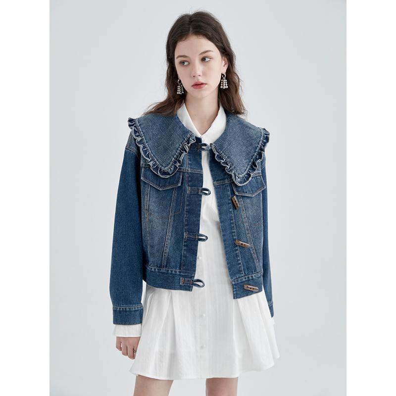 ☍Áo Khoác Denim Cổ Búp Bê Phong Cách Hong Kong Thời Trang Mùa Xuân 2022 Mới Cho Nữ