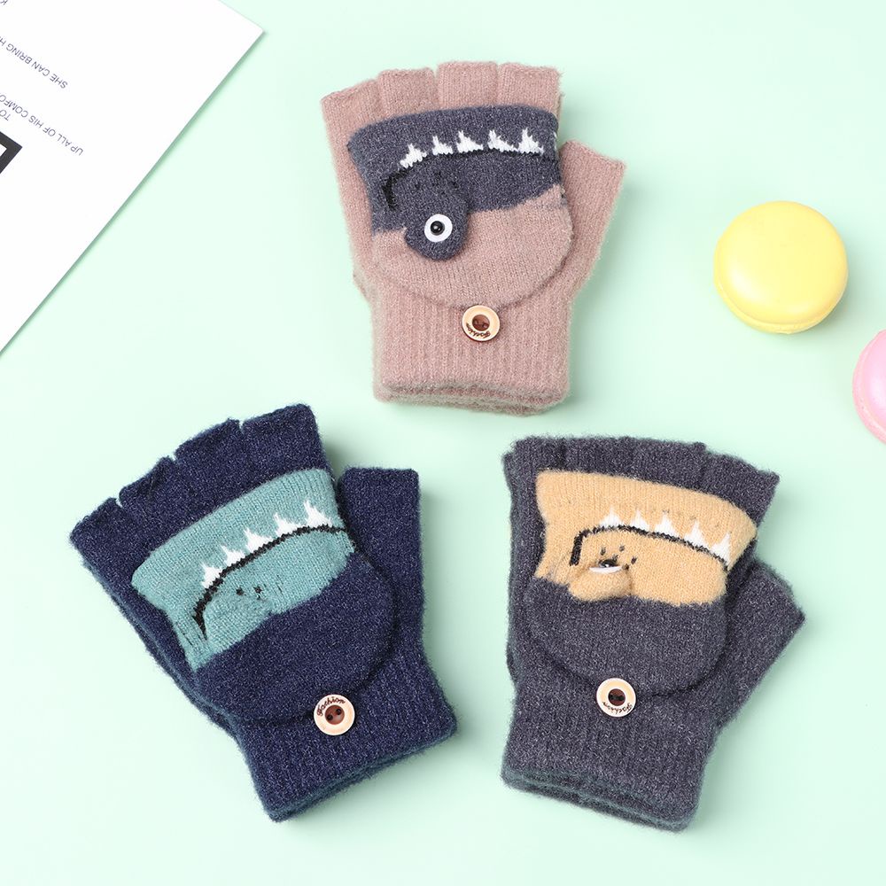 Đôi găng tay dệt kim hở ngón họa tiết khủng long dễ thương cho bé 5-12 tuổi