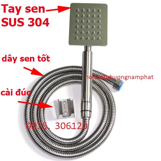 Bộ Tay Sen Tắm Vòi hoa sen INOX 304 TS01 và dây và cài đủ bộ TAY SEN INOX VUÔNG tia nước to tắm đã