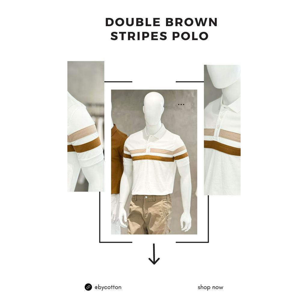 Áo Thun Polo Nam Cổ Bẻ Trắng In Sọc Ngực Nâu BY COTTON Double Brown Stripes Polo