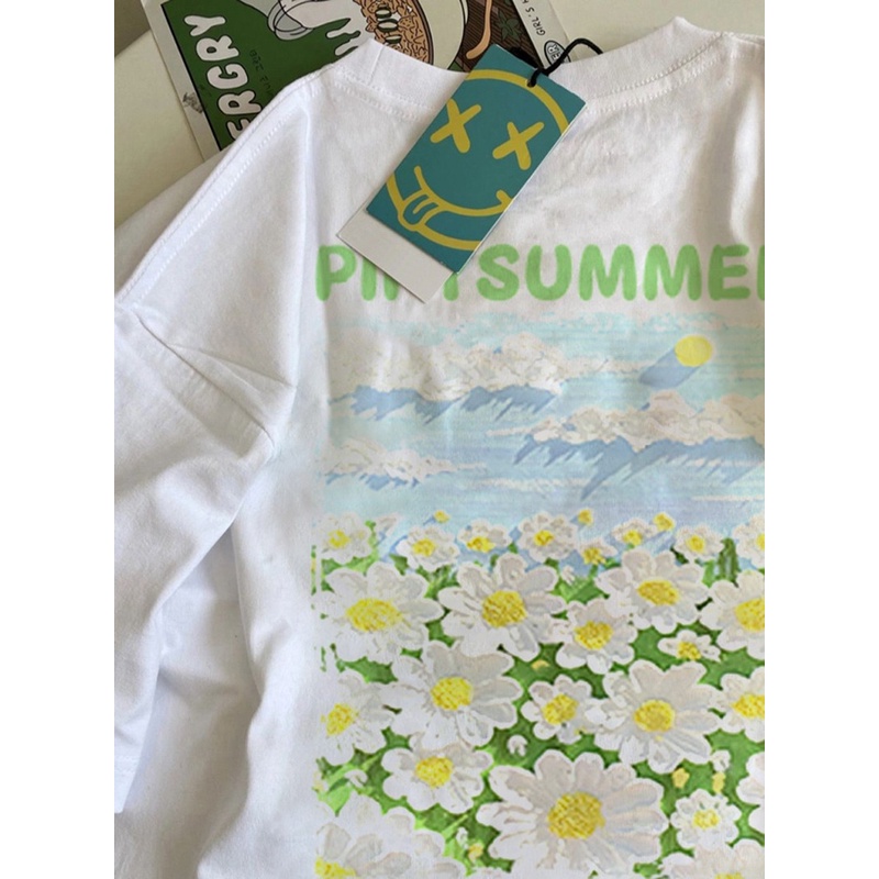 Áo thun ZHELIHANGFEI tay ngắn dáng rộng in họa tiết tranh sơn dầu hoa cúc dễ phối đồ trẻ trung