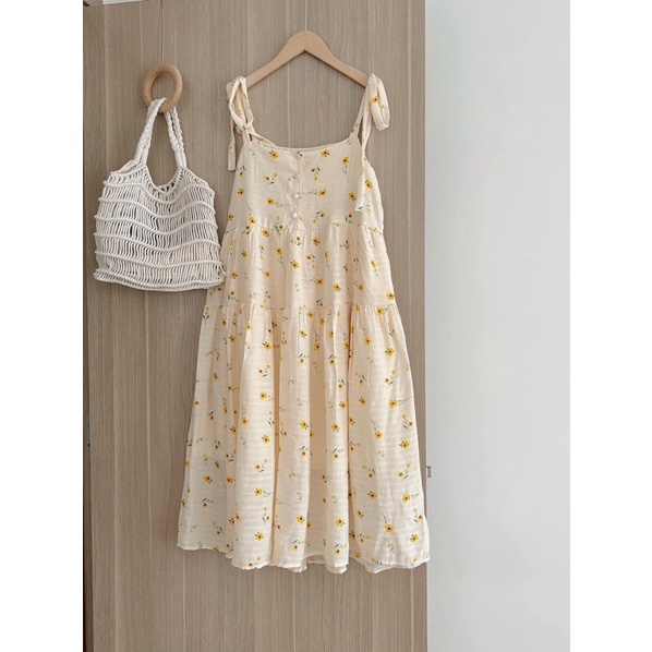 Đầm - Váy babydoll 2 dây HOA CÚC mùa hè nơ vai chất đũi loại 1 siêu mát maxi (Ảnh thật) - Ngọc Uyên Store