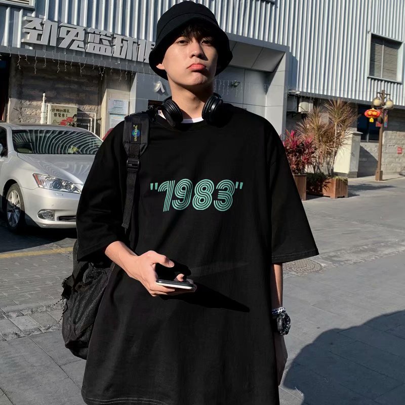 Áo thun cổ tròn dáng rộng in chữ phong cách Nhật Bản thời trang cho nam size M-5XL 1983