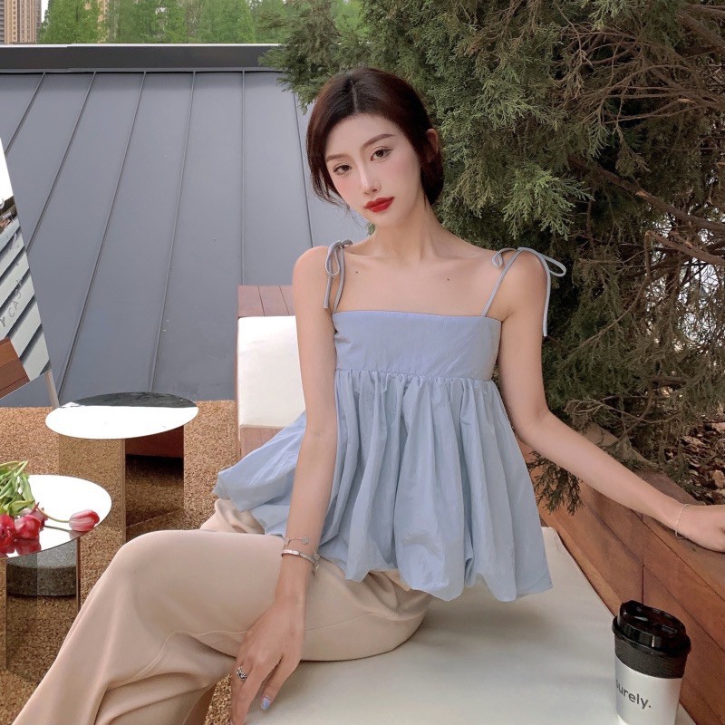 Áo Hai Dây Babydoll [Tiệm Vải Xinh] Áo Babydoll Hai Dây Dáng Croptop Nơ Buộc Vai Nữ Tính