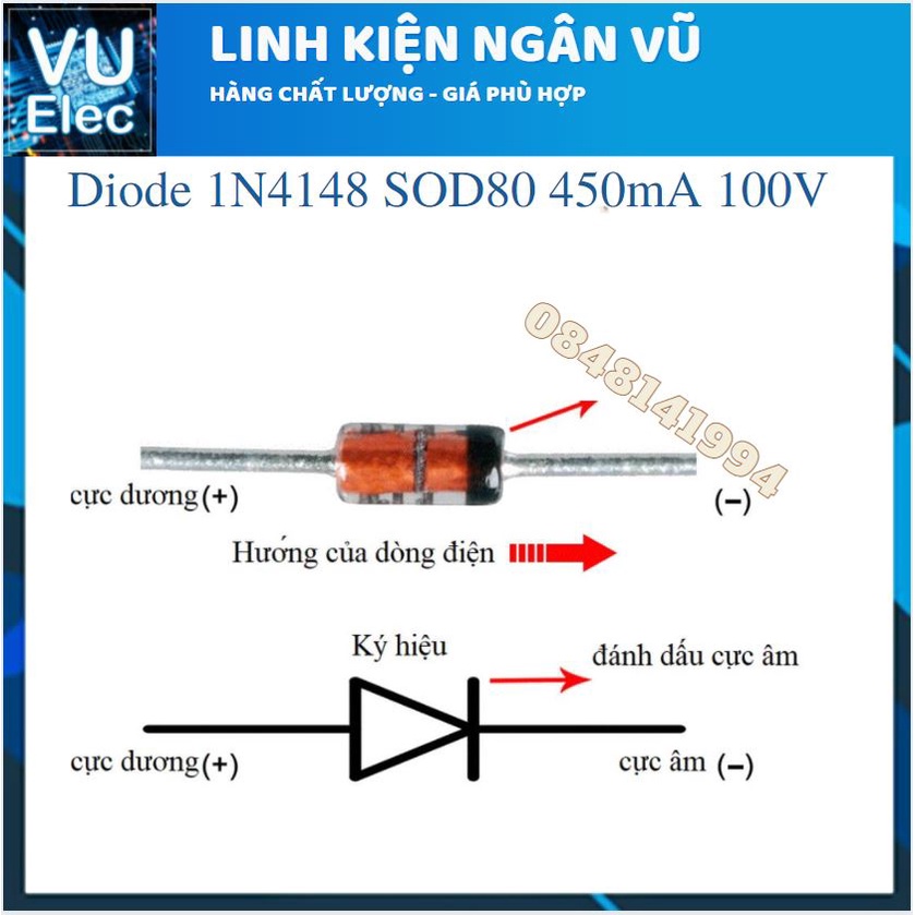 Diode 1N4148 SOD80 450mA 100V (LL34 1N4148 SMD) (10c) (Túi)