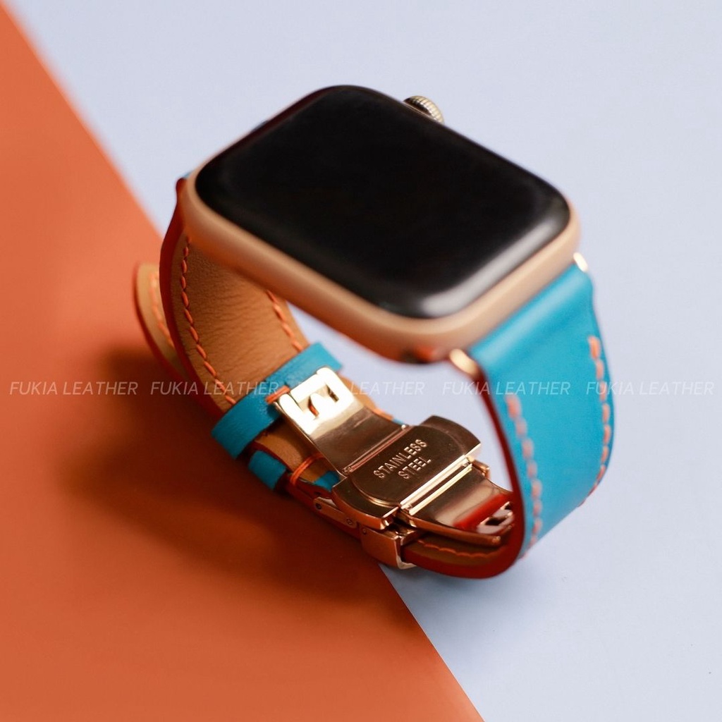 Dây da thủ công Swift Xanh ngọc mix chỉ cam khoá HM dành cho Apple Watch, đồng hồ cơ