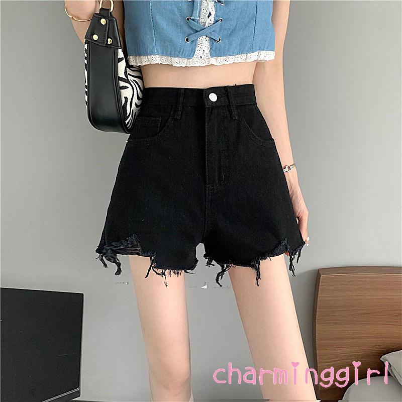 Quần short denim lưng cao ống rộng rách gối thời trang cho nữ