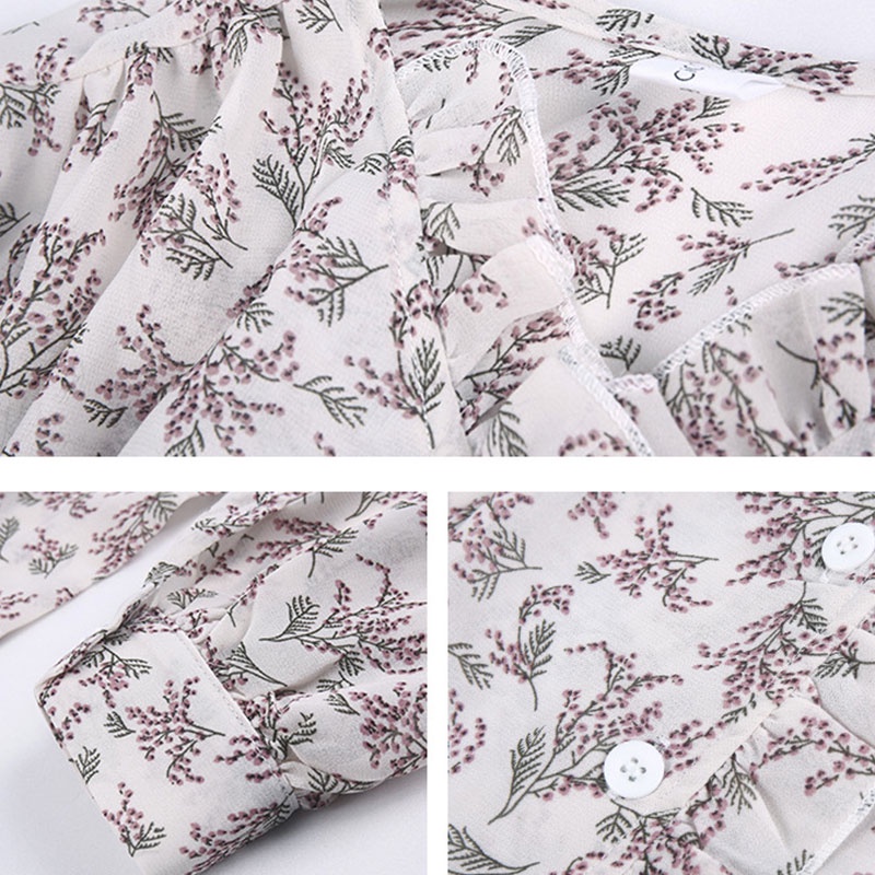 Áo sơ mi kiểu XINLANYASHE chiffon tay dài phồng họa tiết hoa dễ phối đồ phong cách Hàn Quốc Hawaii đáng yêu cho nữ
