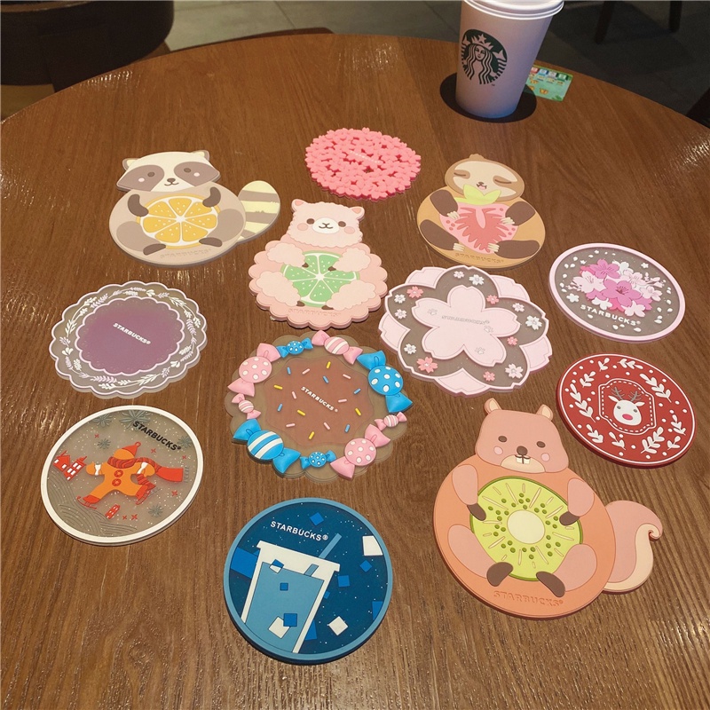 STARBUCKS Miếng Lót Ly Cốc Bằng Silicon Chống Trượt Cách Nhiệt Màu Sắc Ngọt Ngào Họa Tiết Hoạt Hình Dễ Thương