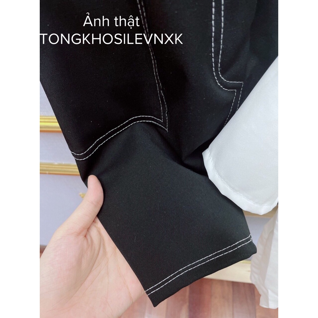 SET SƠ MI CỔ VEST MIX CHÂN VÁY CHỈ NỔI - BỘ CHÂN VÁY ĐEN CHỮ A + SƠ MI TÚI NGỰC TAY LỠ