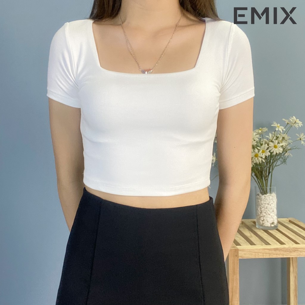 Áo thun nữ croptop cổ vuông EMIX (2 màu), cộc tay, dài 36cm, chất díp siêu co giãn, vải đẹp không lộ