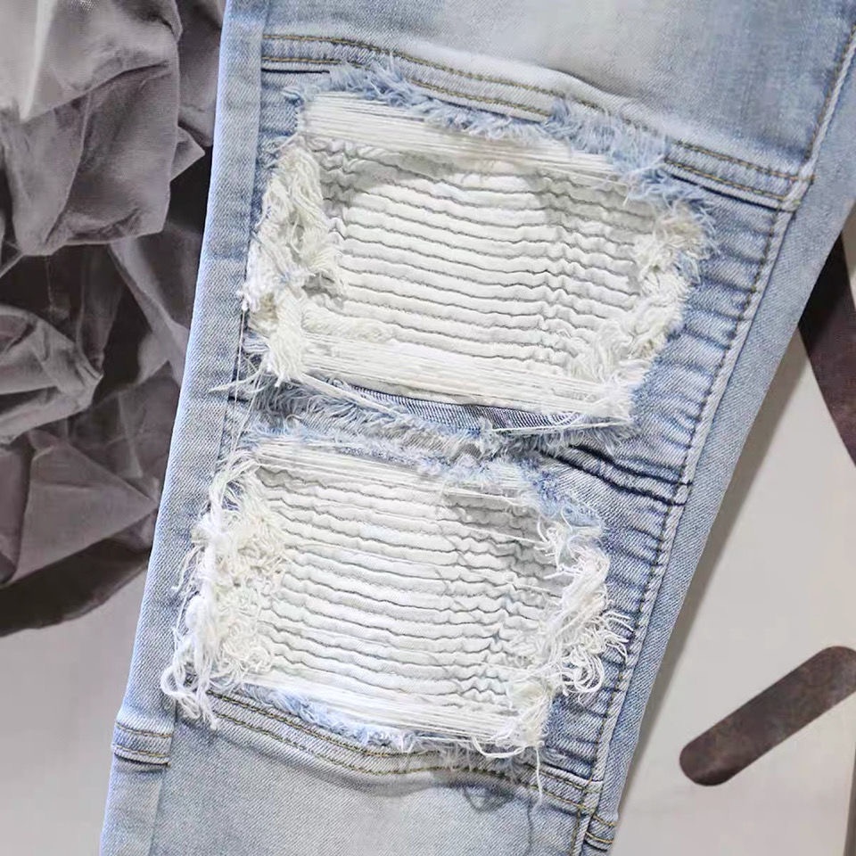 Quần jean hàng cao cấp unisex form slim fit giả rách gối phong cách đường phố