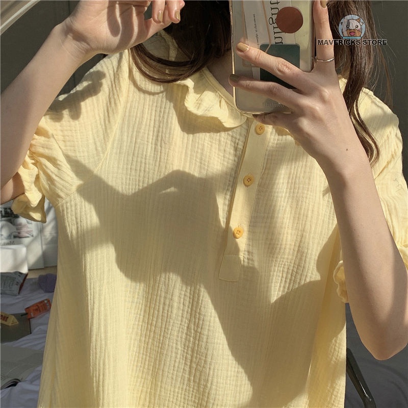 Đầm ngủ tay ngắn cổ búp bê chất liệu cotton phong cách Hàn Quốc thời trang cho nữ