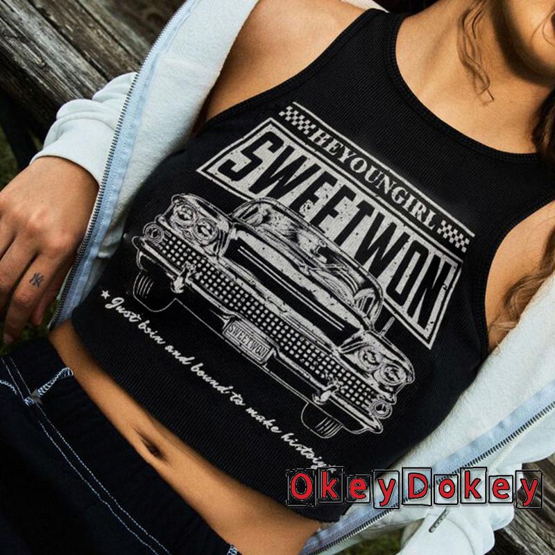 Áo Thun Sát Nách Cổ Tròn In Chữ Và Hình Xe Hơi Thời Trang Quyến Rũ Cho Nữ