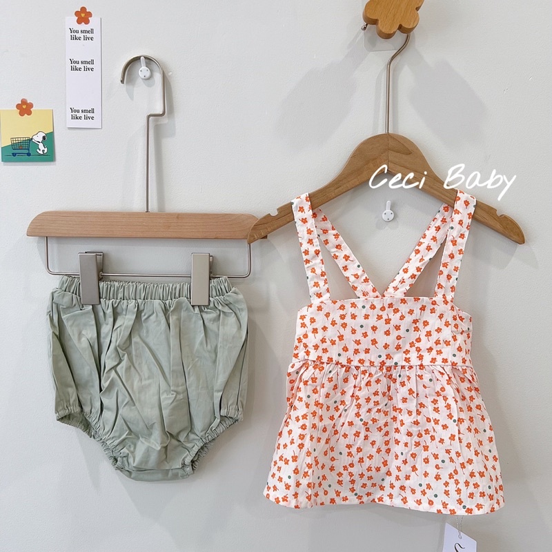 Bộ áo hai dây hoa và quần cho bé gái xinh xắn ảnh thật