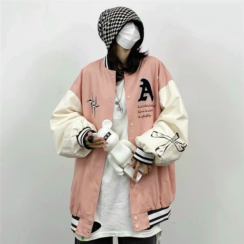 BOMBER KAKI HỒNG VÀ XANH IN ”A”