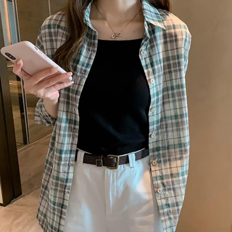 Women Plaid Print Lapel Shirt Loose Single-breasted Long Sleeve Blouse